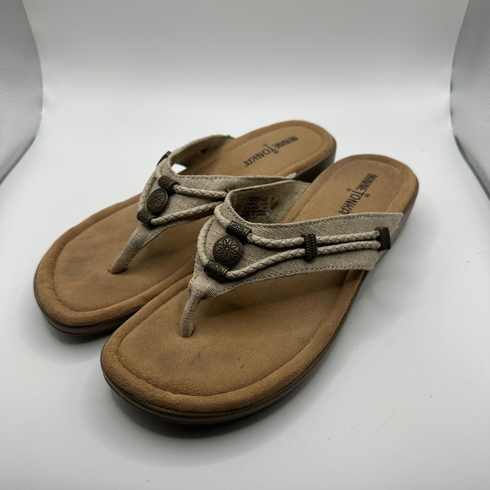 Minnetonka Womens Natural Fabric Braided Thong Wedge Sandals NAT Size 8